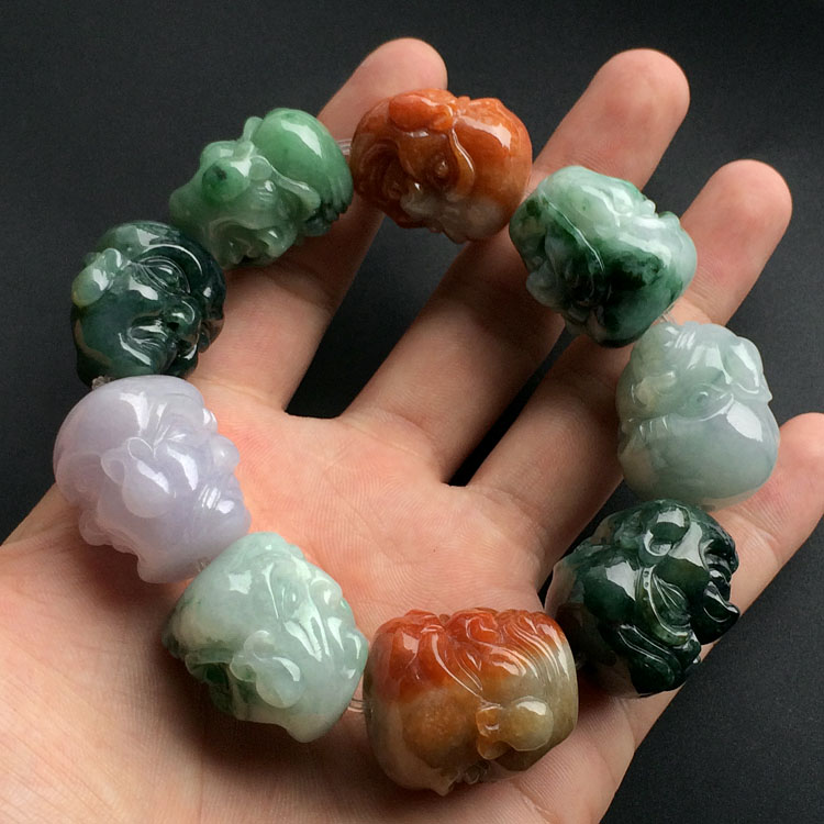 糯冰种三彩罗汉头手链