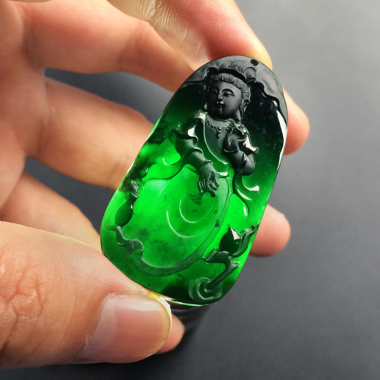 玻璃种墨翠莲花观音挂件