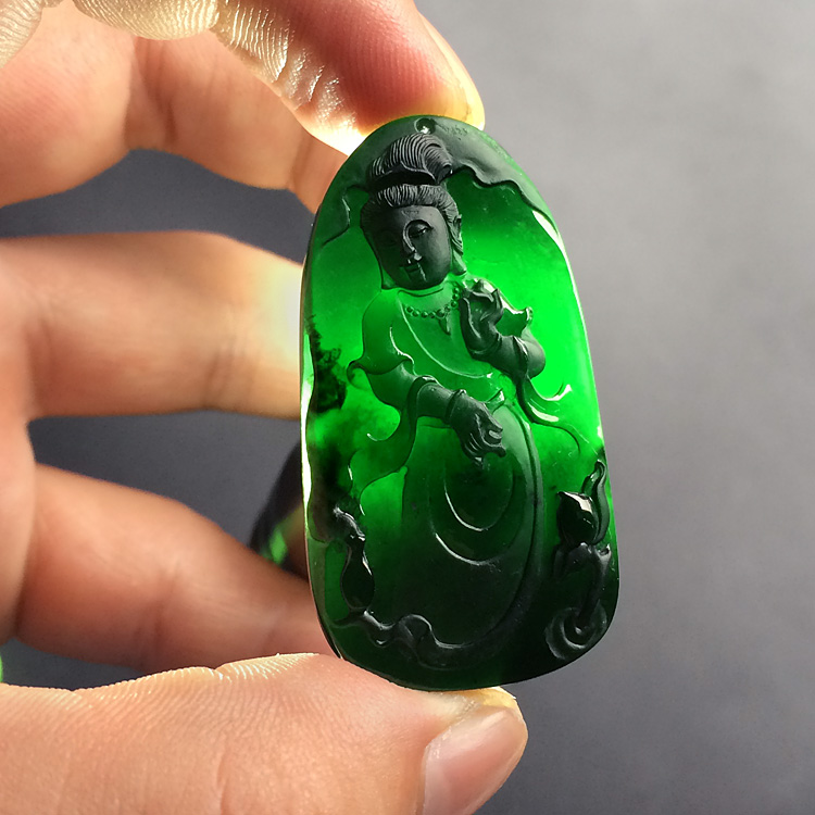 玻璃种墨翠莲花观音挂件