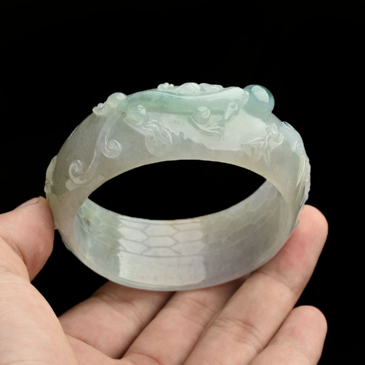 糯冰种飘花螭龙雕花手镯(56.5mm)