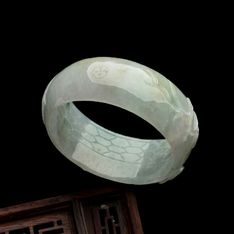 糯冰种飘花螭龙雕花手镯(56.5mm)