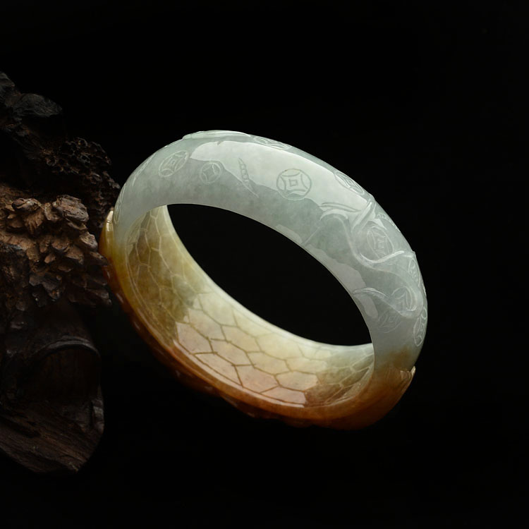 糯冰种红黄翡龙头鱼手镯(58.7mm)