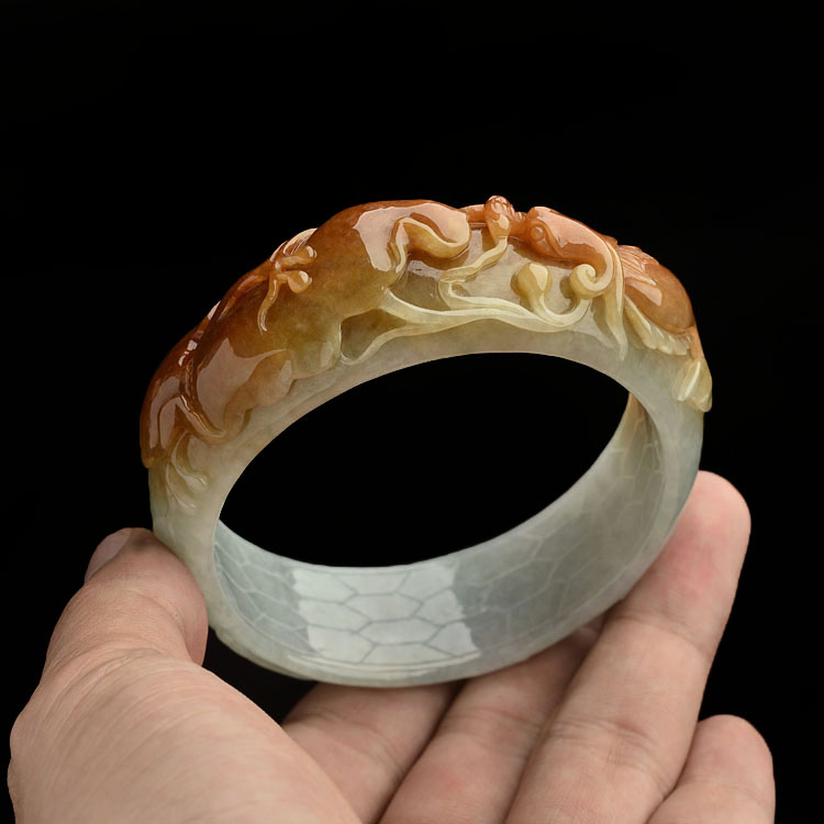 糯冰种红黄翡龙头鱼手镯(58.7mm)
