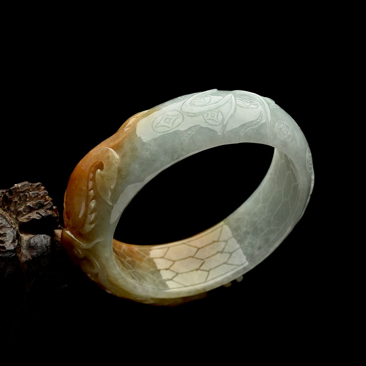 糯冰种红黄翡龙头鱼手镯(58.7mm)