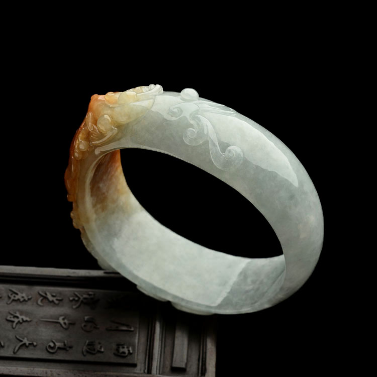 糯冰种红黄翡和和美美雕花手镯(60mm)