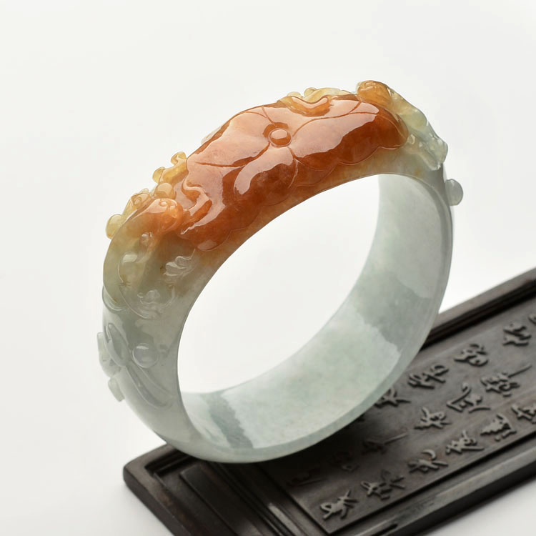 糯冰种红黄翡和和美美雕花手镯(60mm)