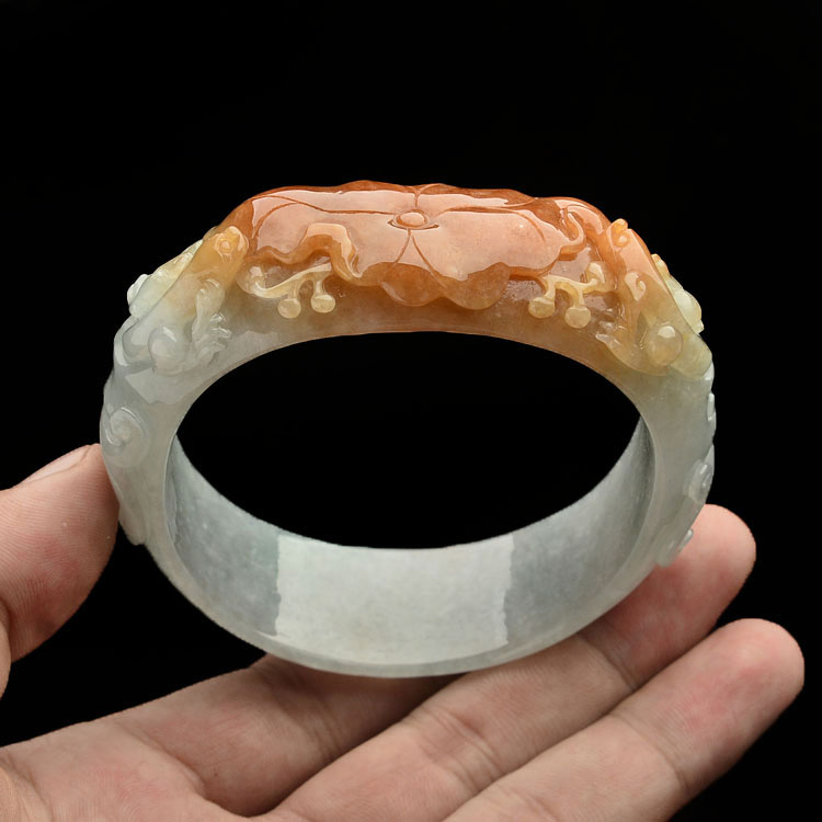 糯冰种红黄翡和和美美雕花手镯(60mm)