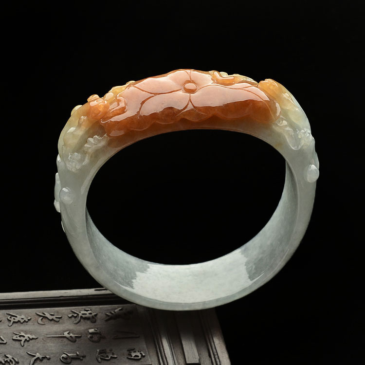 糯冰种红黄翡和和美美雕花手镯(60mm)