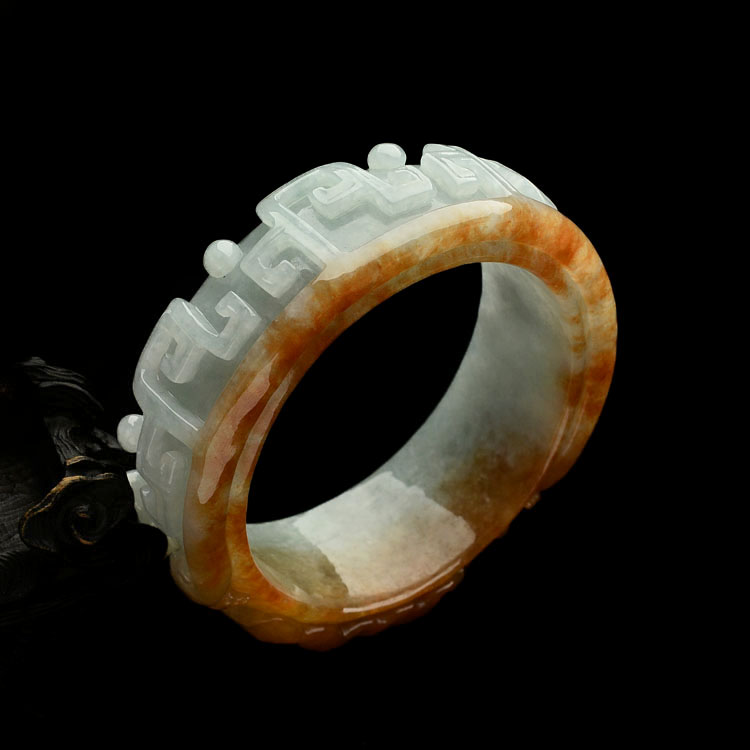 糯冰种红黄翡仿古龙雕花手镯(58.8mm)