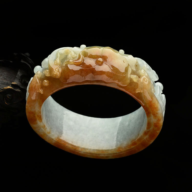 糯冰种红黄翡仿古龙雕花手镯(58.8mm)