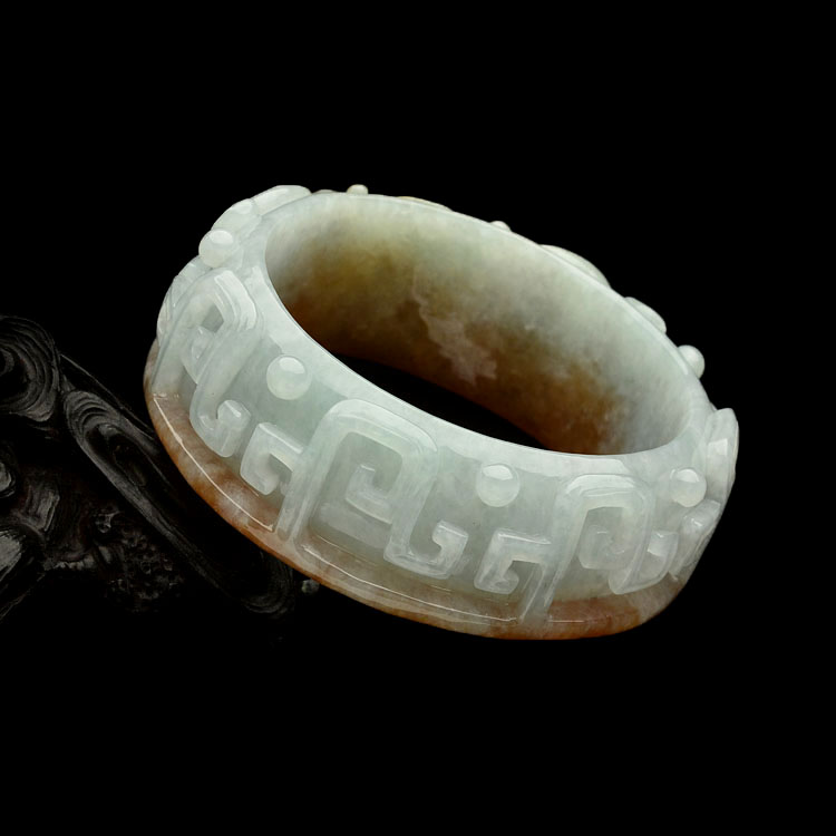糯冰种红黄翡仿古龙雕花手镯(58.8mm)