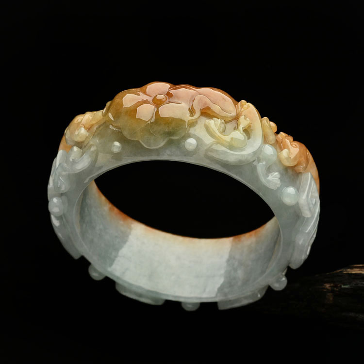 糯冰种红黄翡仿古龙雕花手镯(58.8mm)