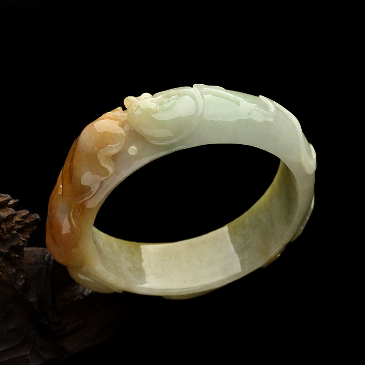 糯冰种红黄翡年年有余雕花手镯(57.5mm)