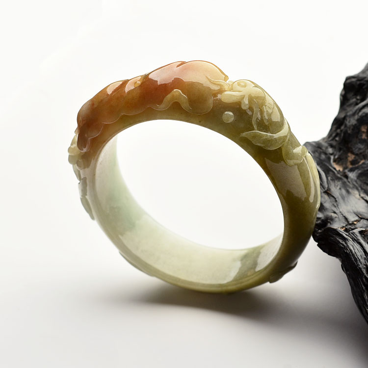 糯冰种红黄翡年年有余雕花手镯(57.5mm)