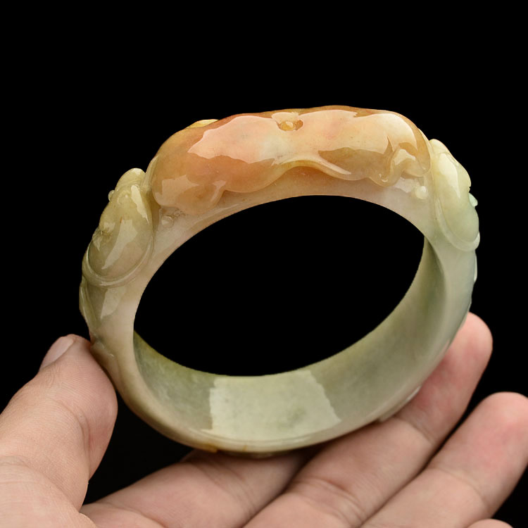 糯冰种红黄翡年年有余雕花手镯(57.5mm)