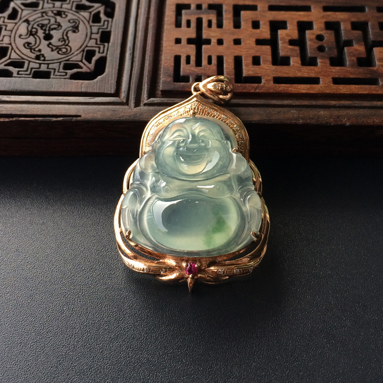 (超值推荐)冰种略飘花镶玫瑰金钻石玉佛胸坠