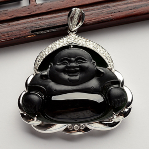 玻璃种墨翠镶白金钻石玉佛胸坠