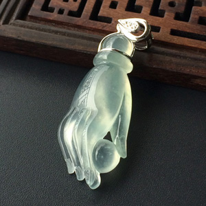 (超值推荐)冰种略飘花镶白金钻石佛手胸坠