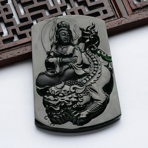(超值推荐)冰玻种蓝水文殊菩萨挂件(李牧祥大师作品)