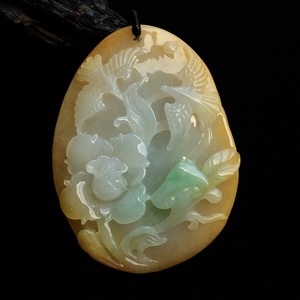糯冰种黄翡飘花鸟语花香挂件