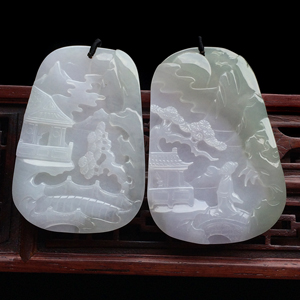 糯冰种晴水山水牌挂件(一对)
