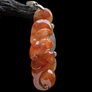 糯冰种红黄翡蝙蝠如意挂件