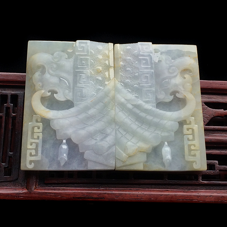 糯冰种淡黄翡仿古牌挂件(一对)