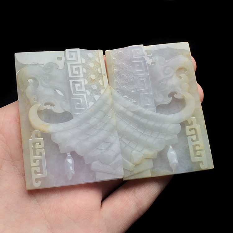 糯冰种淡黄翡仿古牌挂件(一对)