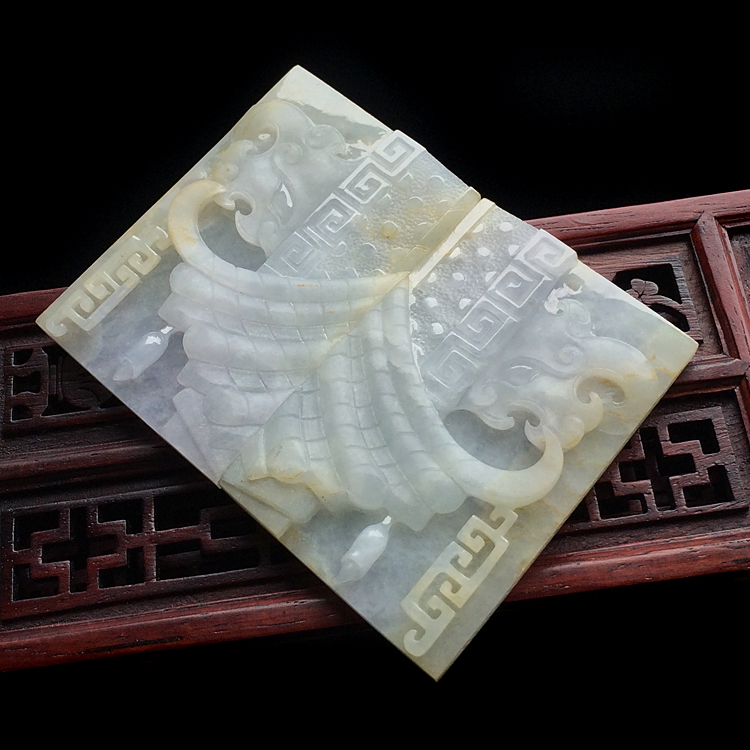 糯冰种淡黄翡仿古牌挂件(一对)