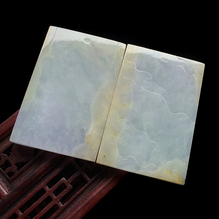 糯冰种淡黄翡仿古牌挂件(一对)
