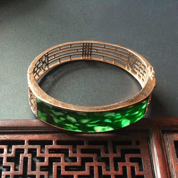 (超值推荐)糯冰种花青镶玫瑰金钻石手镯(56.9mm-48.5mm)