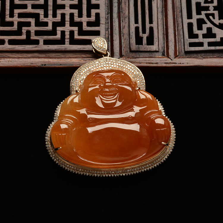 糯冰种红黄翡镶玫瑰金钻石玉佛胸坠