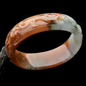 糯冰种红黄翡飘花龙凤呈祥贵妃手镯(60.5mm-52.3mm)