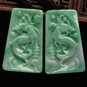 （超值推荐）糯冰种飘翠仿古龙牌挂件(一对)