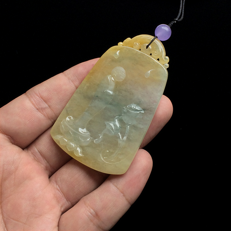 糯冰种黄翡飘花莲悟挂件