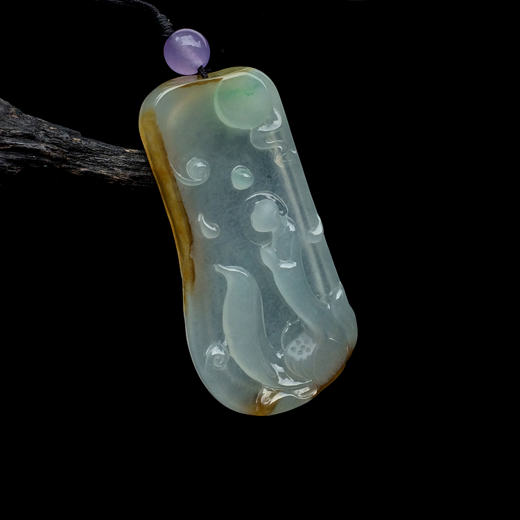 冰种褐黄翡略飘花莲悟挂件