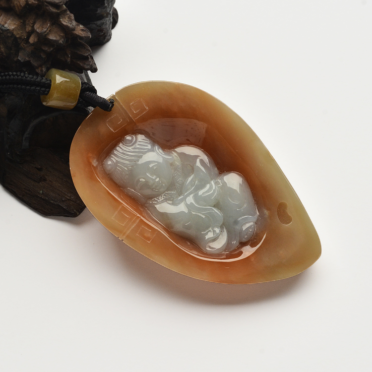 糯冰种红黄翡金童玉女挂件（一对）
