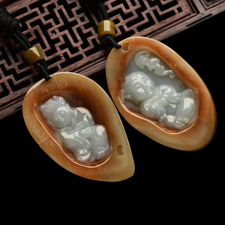 糯冰种红黄翡金童玉女挂件（一对）