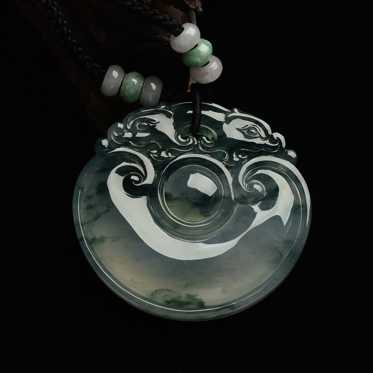 （超值推荐）冰玻种飘花双龙如意挂件