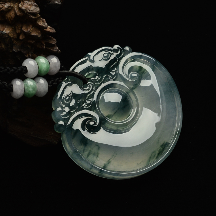 （超值推荐）冰玻种飘花双龙如意挂件