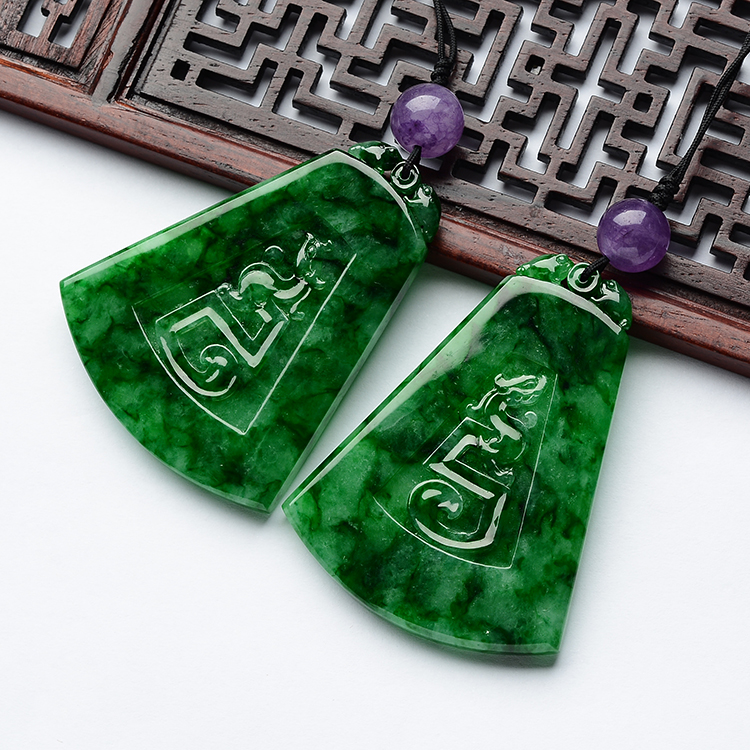 糯冰种廯加绿龙凤牌挂件(一对)