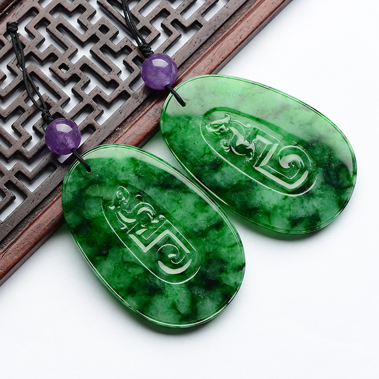 糯冰种廯加绿仿古龙牌挂件(一对)