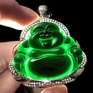 冰玻种墨翠镶白金钻石玉佛胸坠