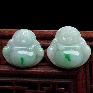 糯冰种飘翠玉佛挂件（一对）