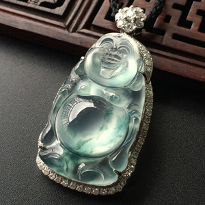 (超值推荐)冰玻种飘花镶白金钻石站佛胸坠