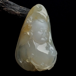 糯冰种淡黄翡童子送福挂件