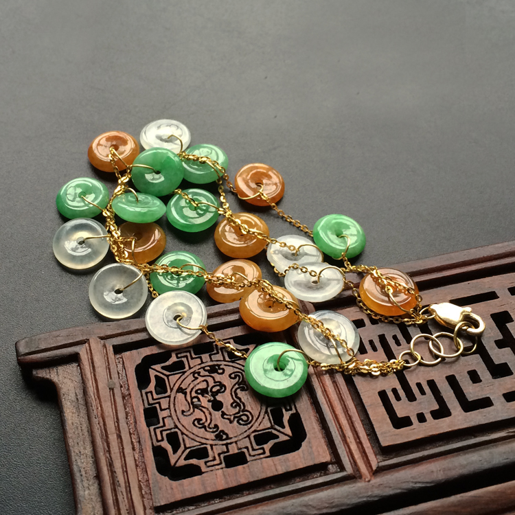 (超值推荐)糯冰种三彩镶玫瑰金平安扣手链