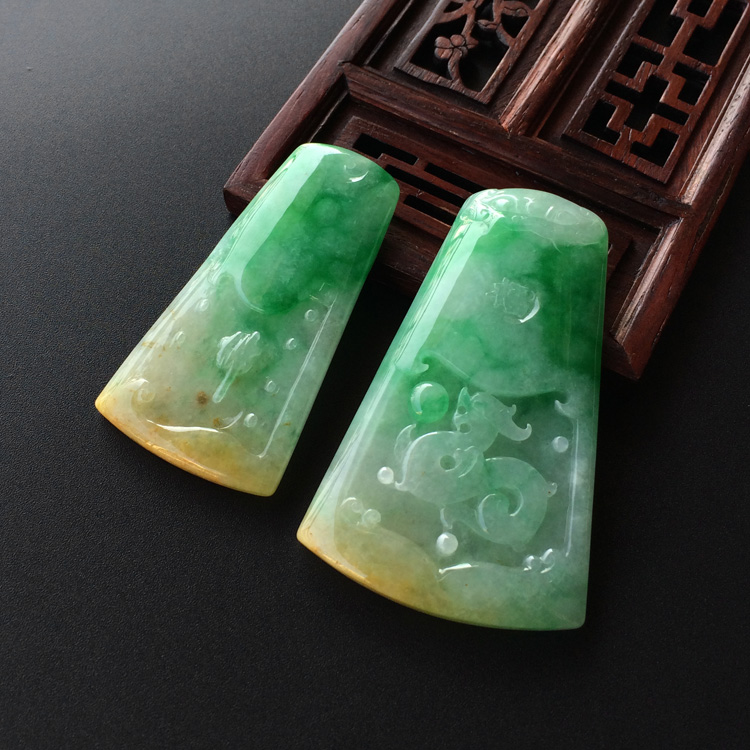 (超值推荐)糯冰种黄加绿悟道/龙牌挂件(一对)