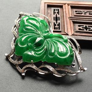 (超值推荐)糯冰种廯加绿镶白金钻石蝴蝶胸坠