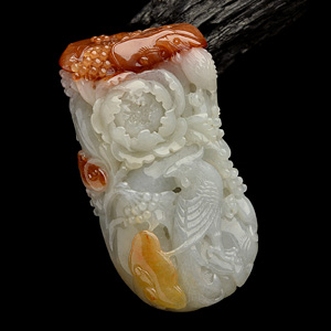 糯冰种褐黄翡花开富贵挂件